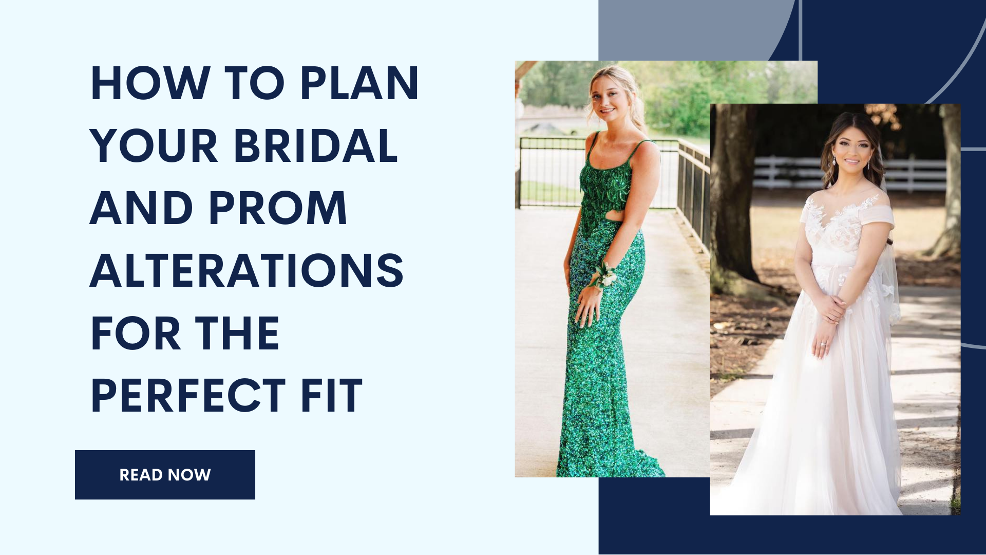 Two young women in a green prom dress and a white bridal gown, highlighting expert alterations for the perfect fit.